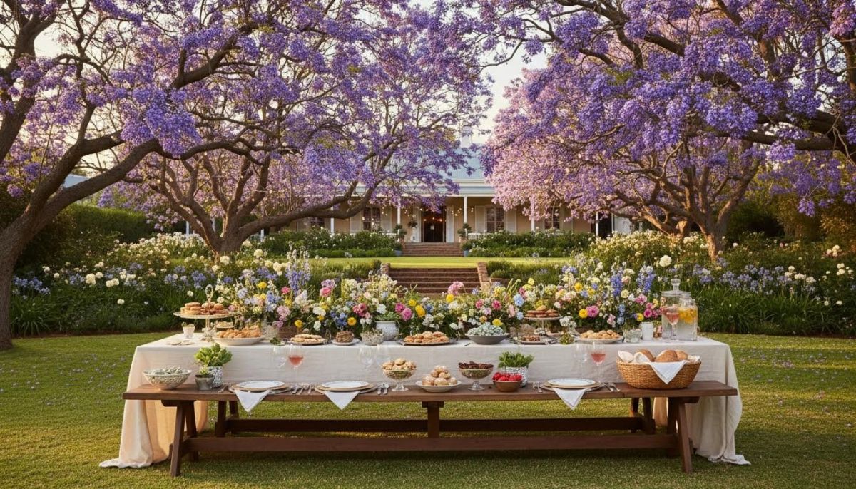 Spring garden table under jacaranda trees