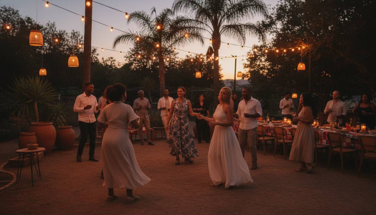 Guests dancing under garden lights
