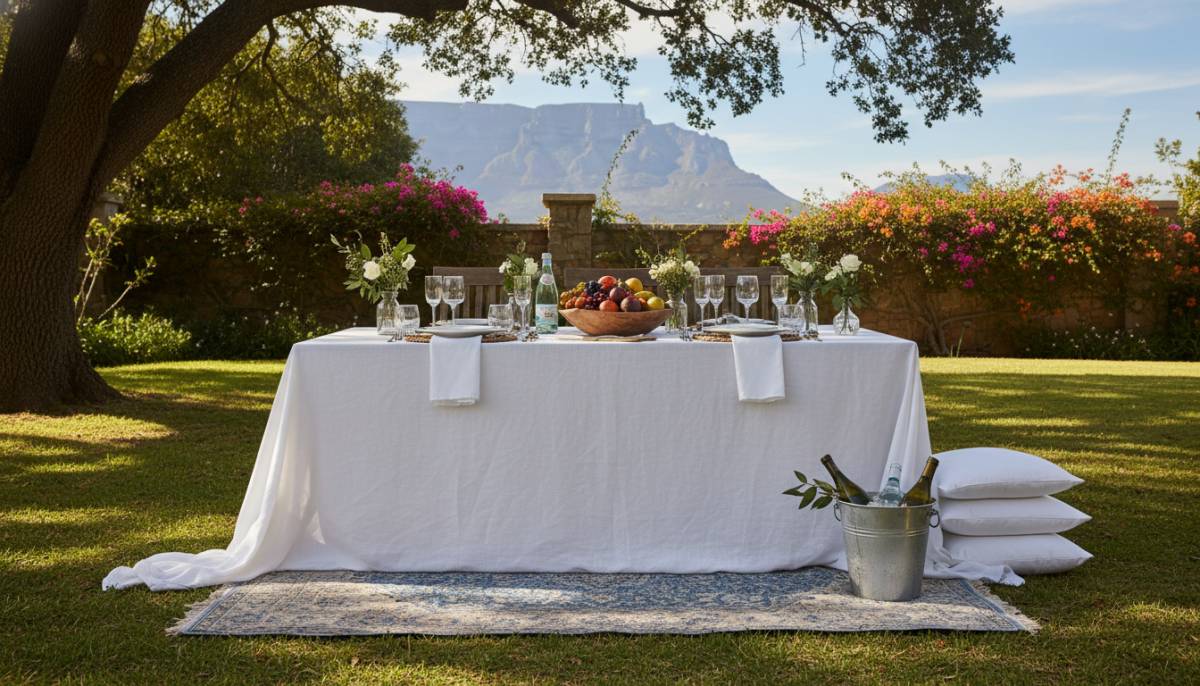 Styled long lunch table in a garden
