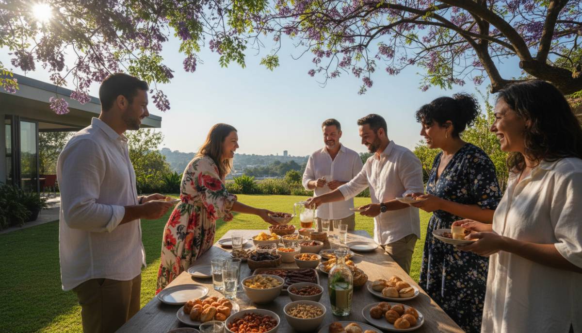 Guests serving snacks in a garden
