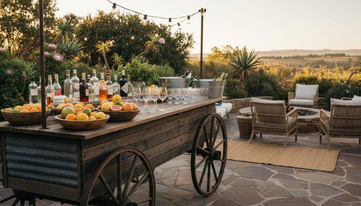 Rustic bar setup in a garden