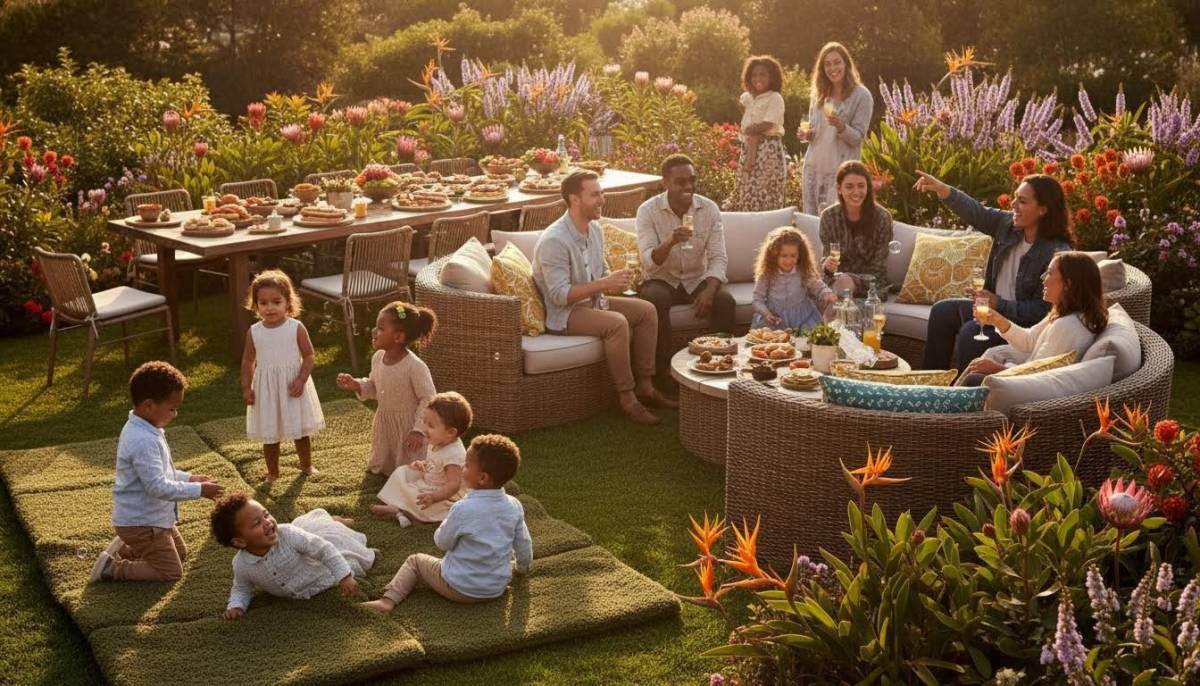 Family garden picnic with children playing