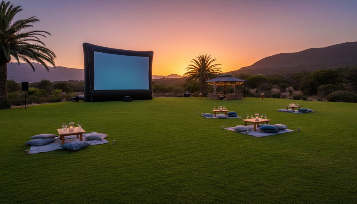 Outdoor cinema screen in a garden at sunset