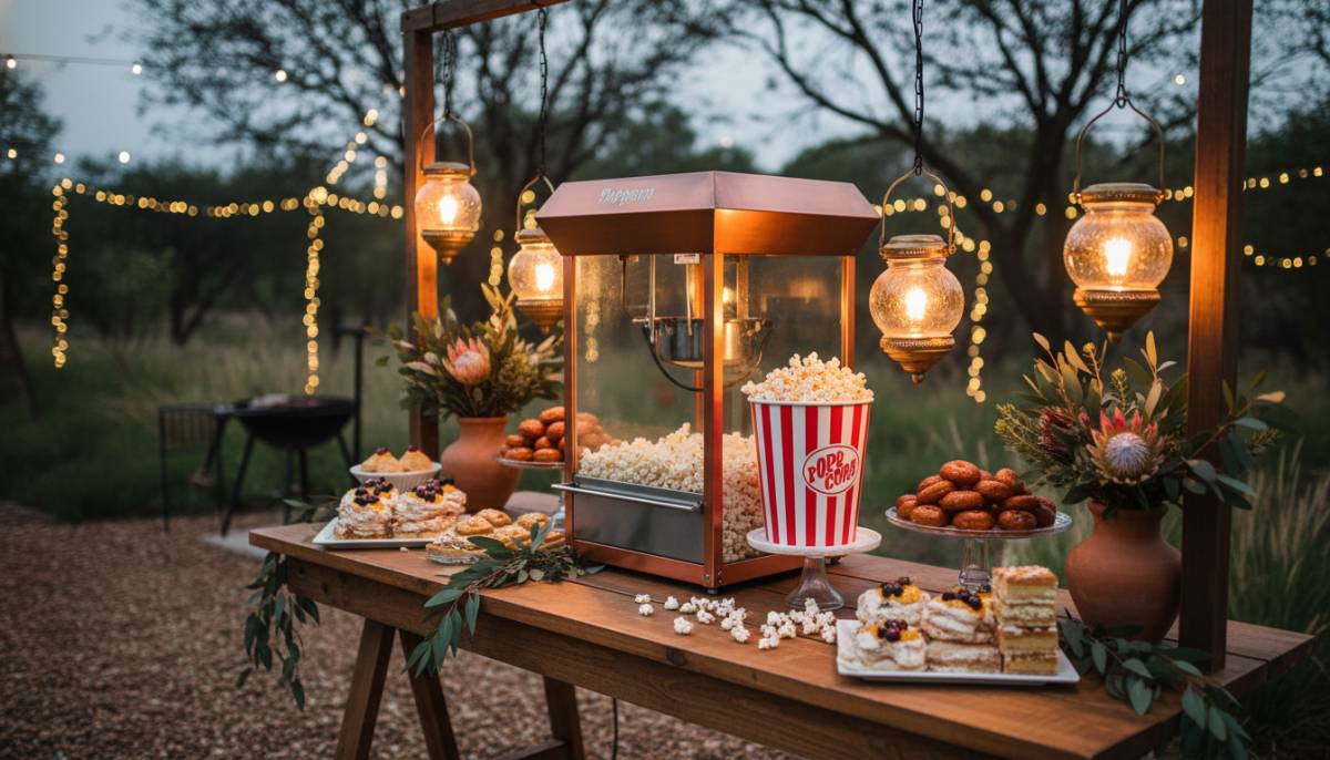 Popcorn machine on a garden dessert station