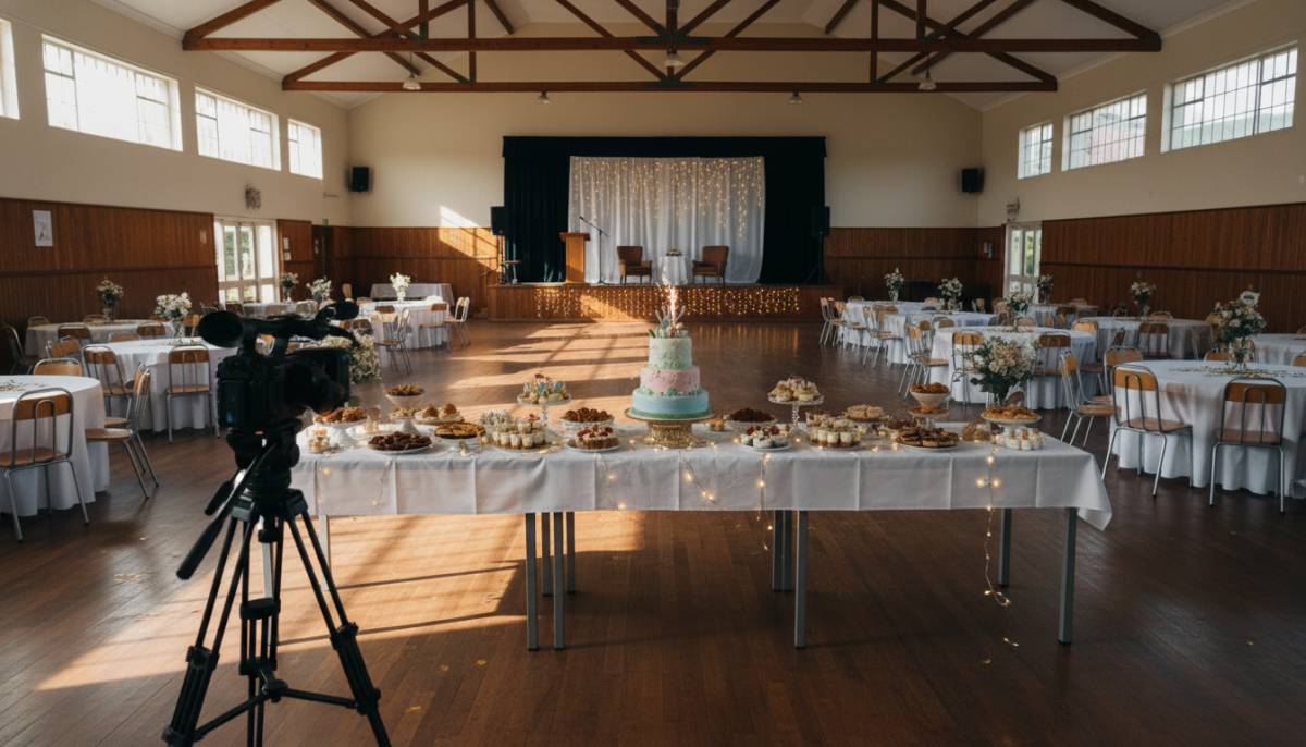 Videographer filming a birthday setup in a hall