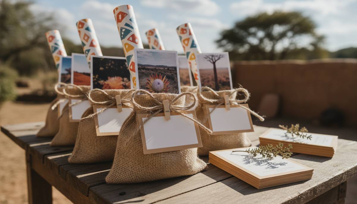 Labelled favour bags with snacks and photo prints