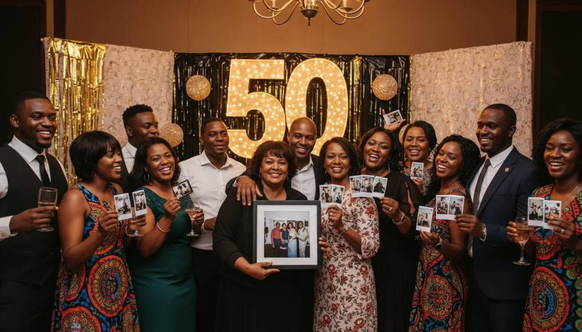 Guests using a photo corner at a 50th birthday