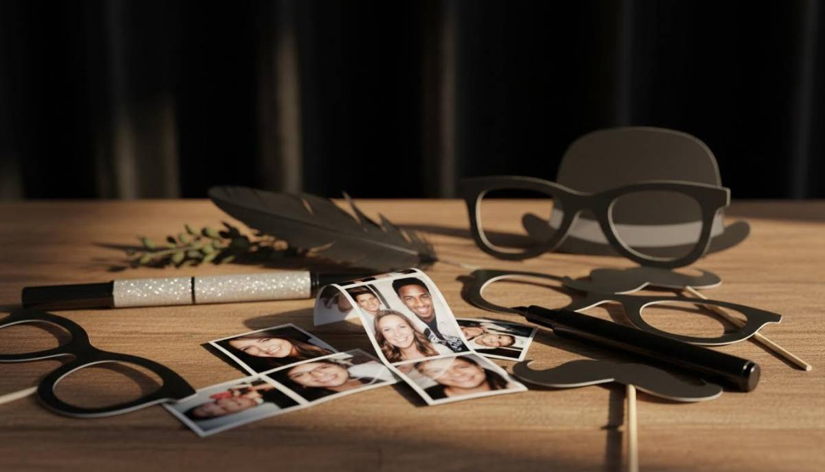 Photo strips and guestbook supplies on a table