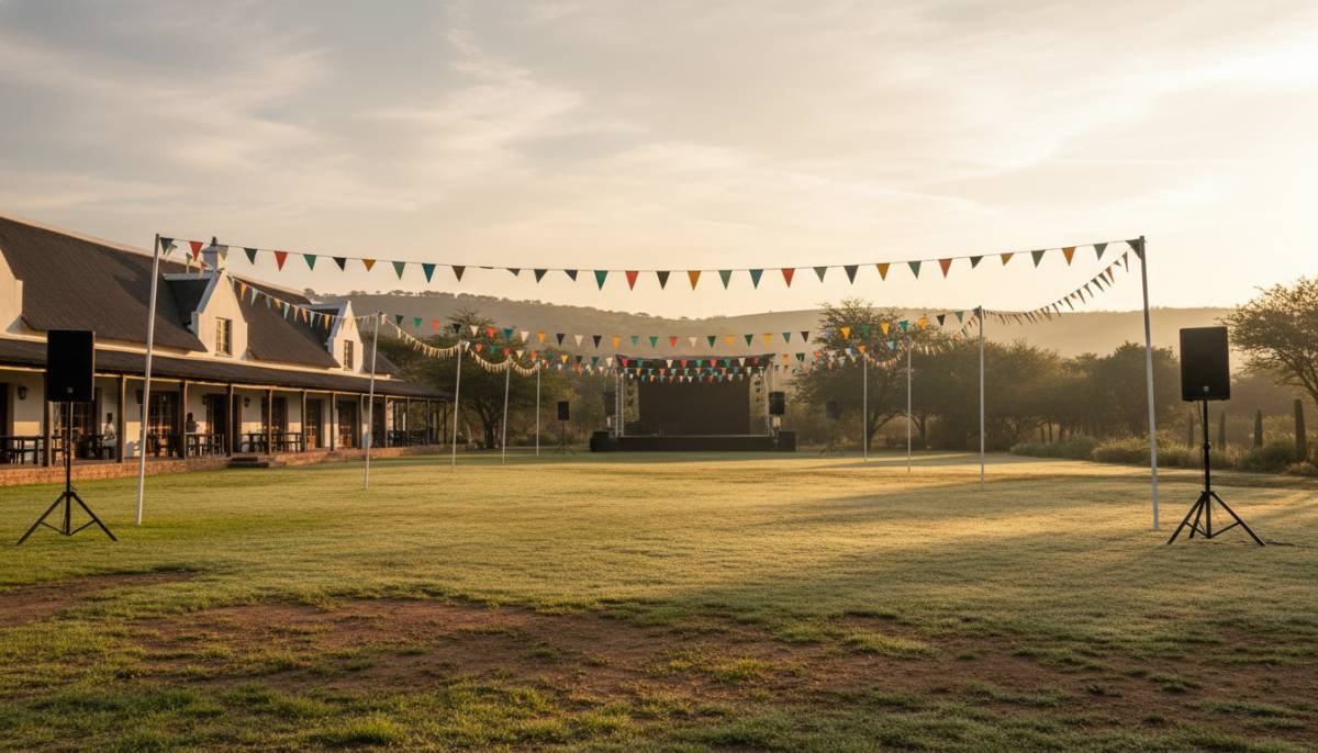 Estate clubhouse lawn prepared for a Freedom Day parade