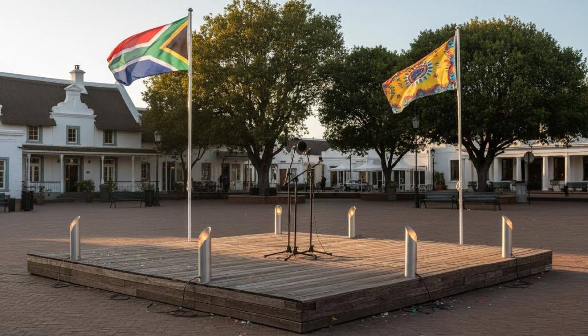 Town square stage setup with lights and flags
