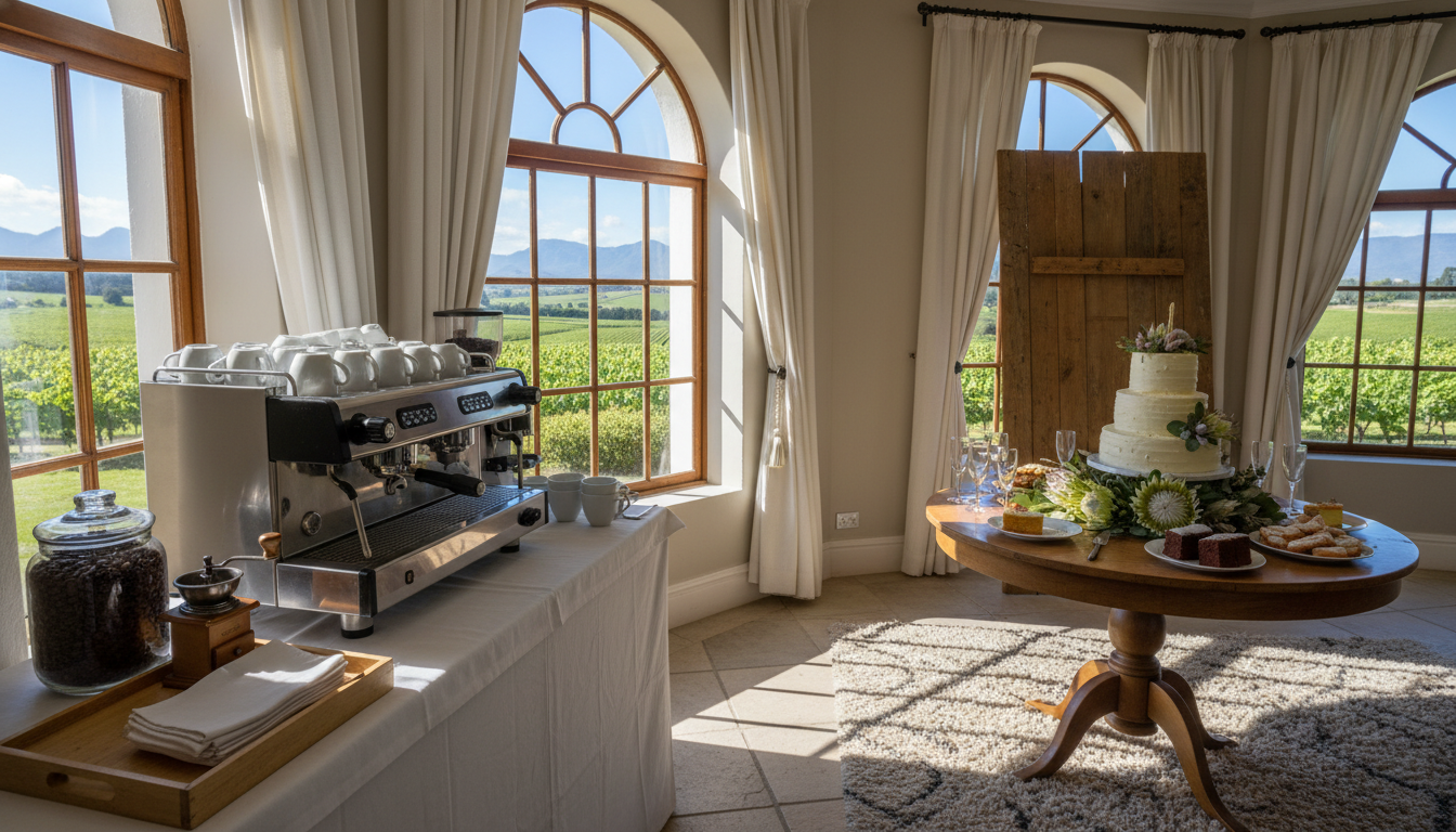 Coffee station beside a birthday cake table