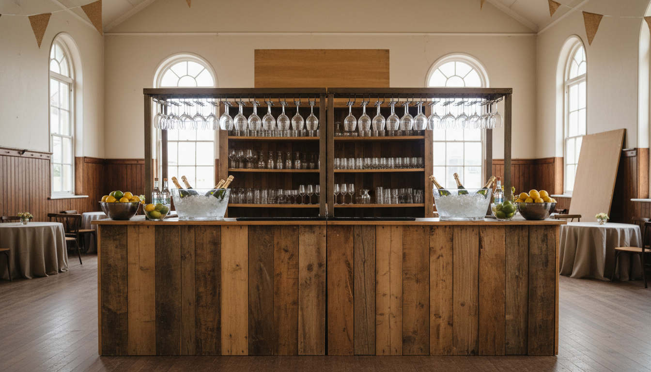 Rustic bar setup before guests arrive