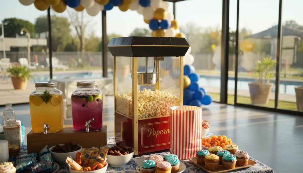 Popcorn machine and drinks station at a birthday