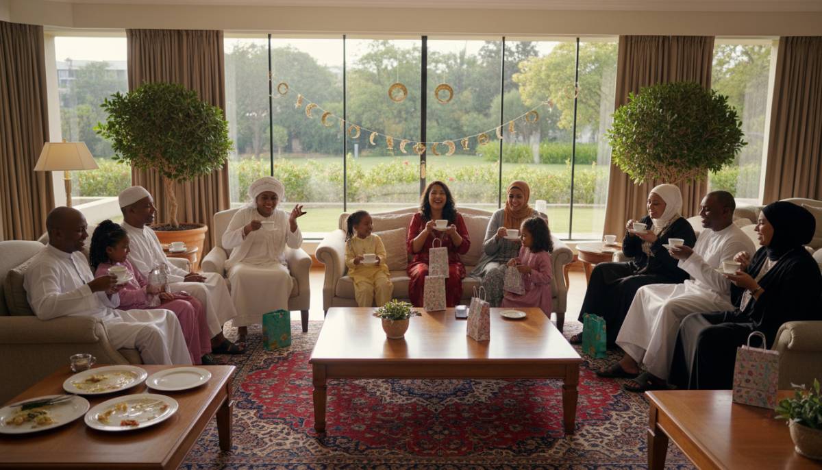 Family celebrating Eid with gift bags