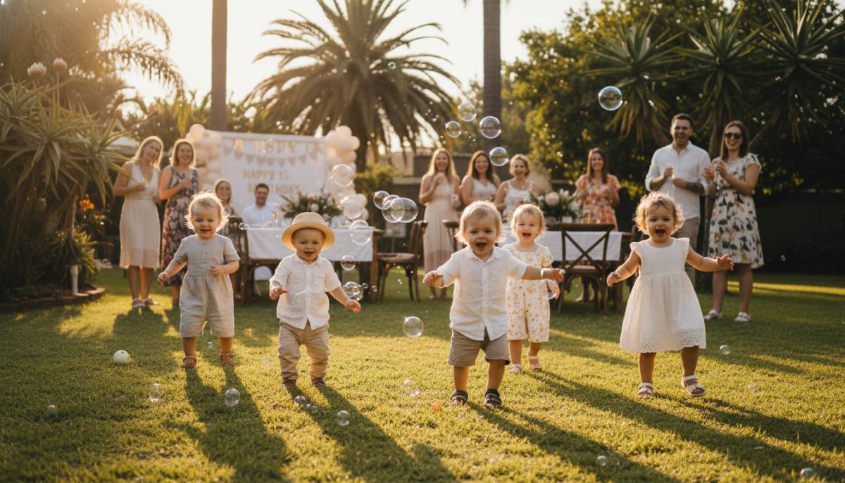 Toddlers chasing bubbles at a garden birthday