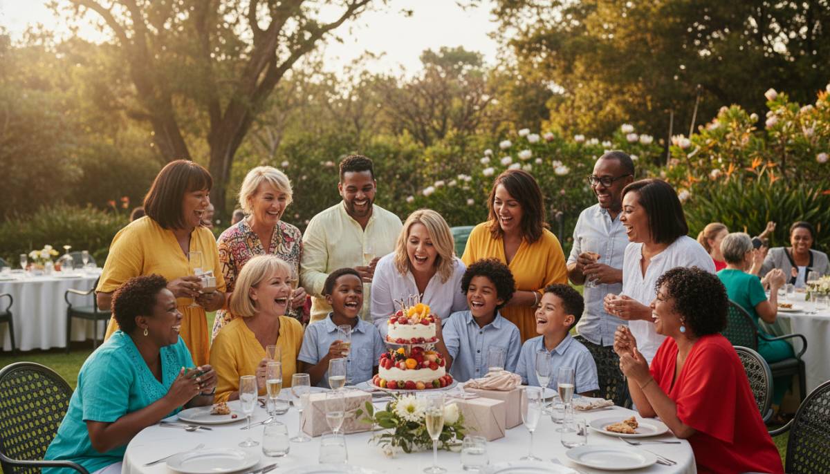 Family celebrating around an outdoor cake table