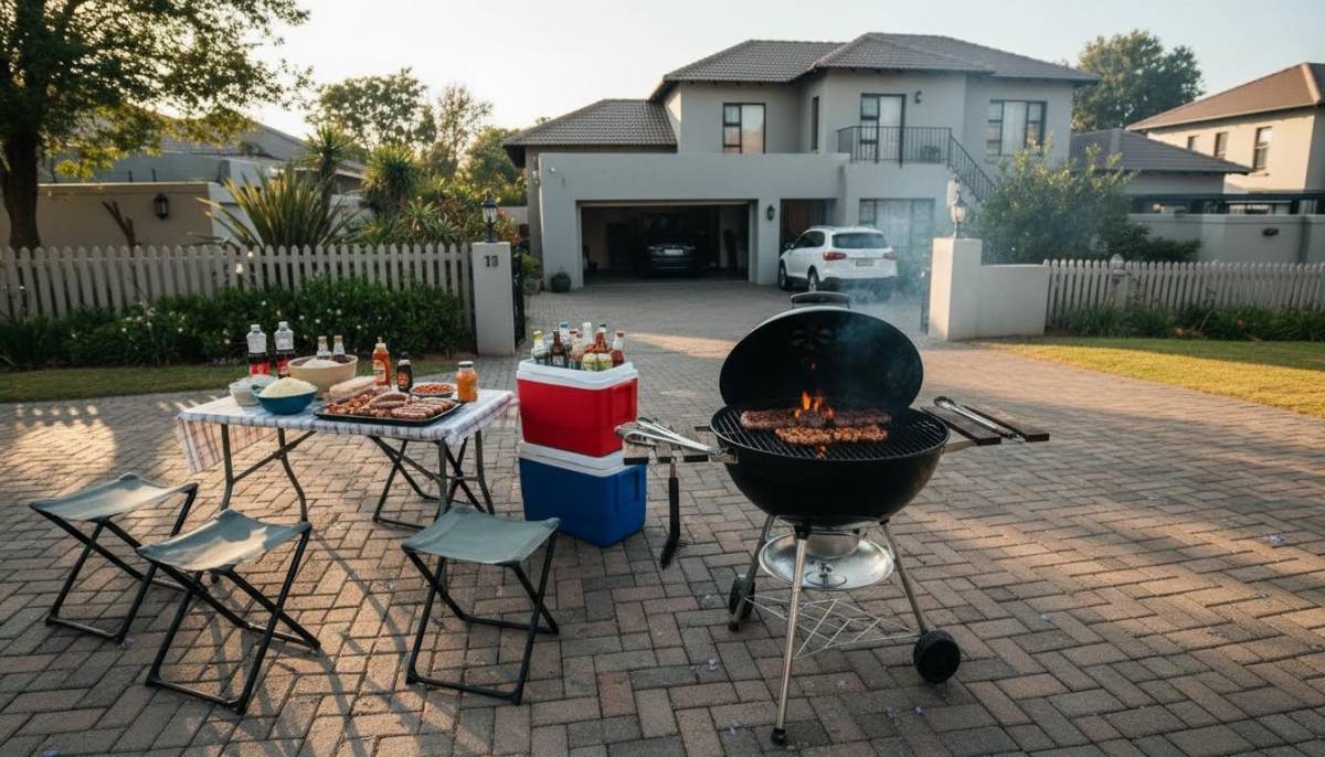 Driveway braai setup for a welcome home party