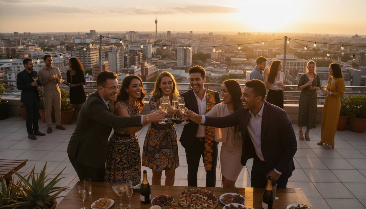 Friends at a rooftop welcome home sundowner