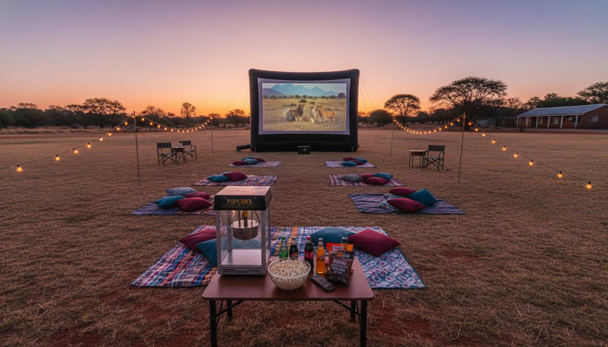 Outdoor cinema setup on a school field