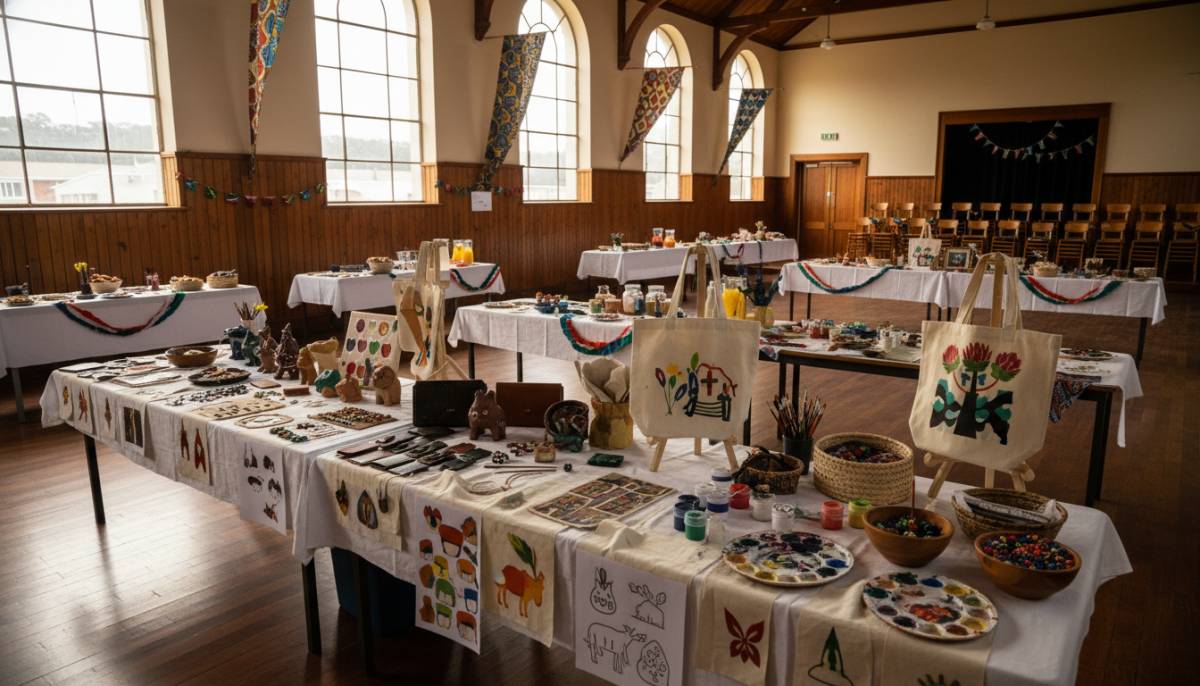 Creative market tables in a school hall