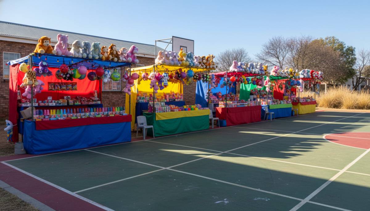 Carnival game stalls on a school court