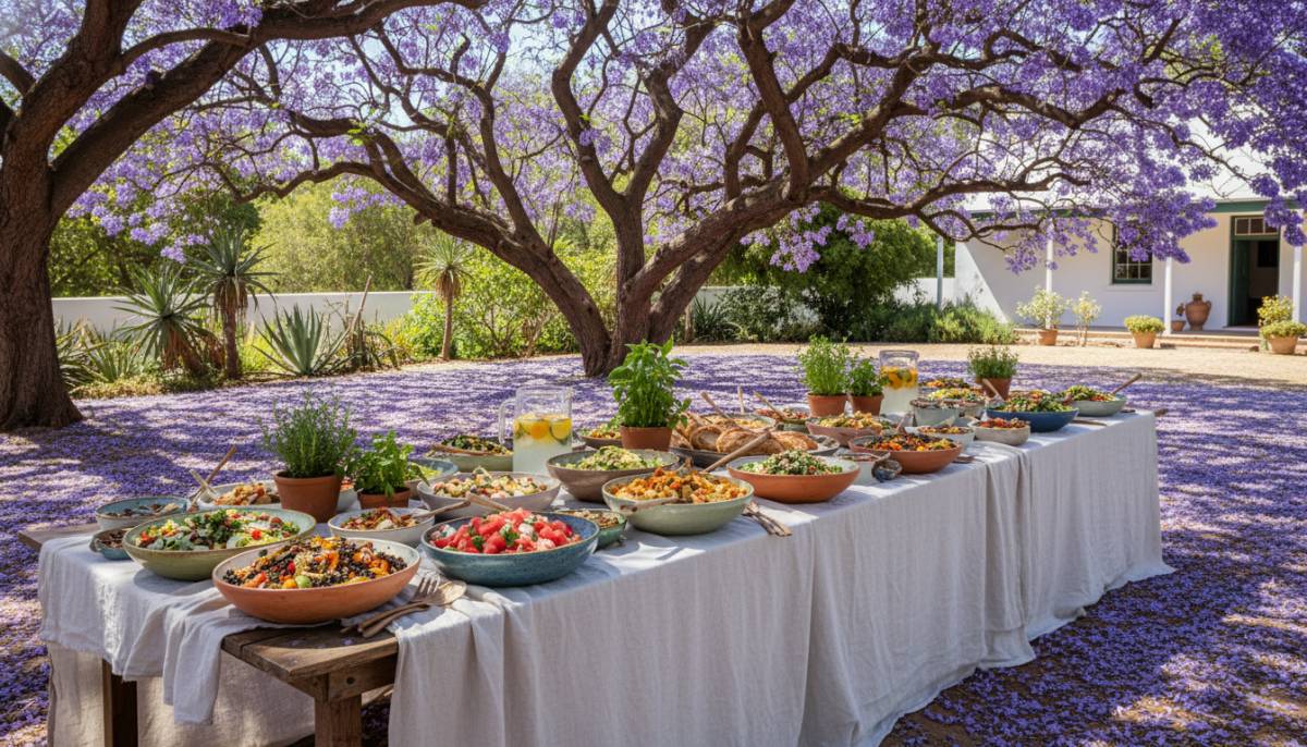 Summer salad table set under shade in a Pretoria garden