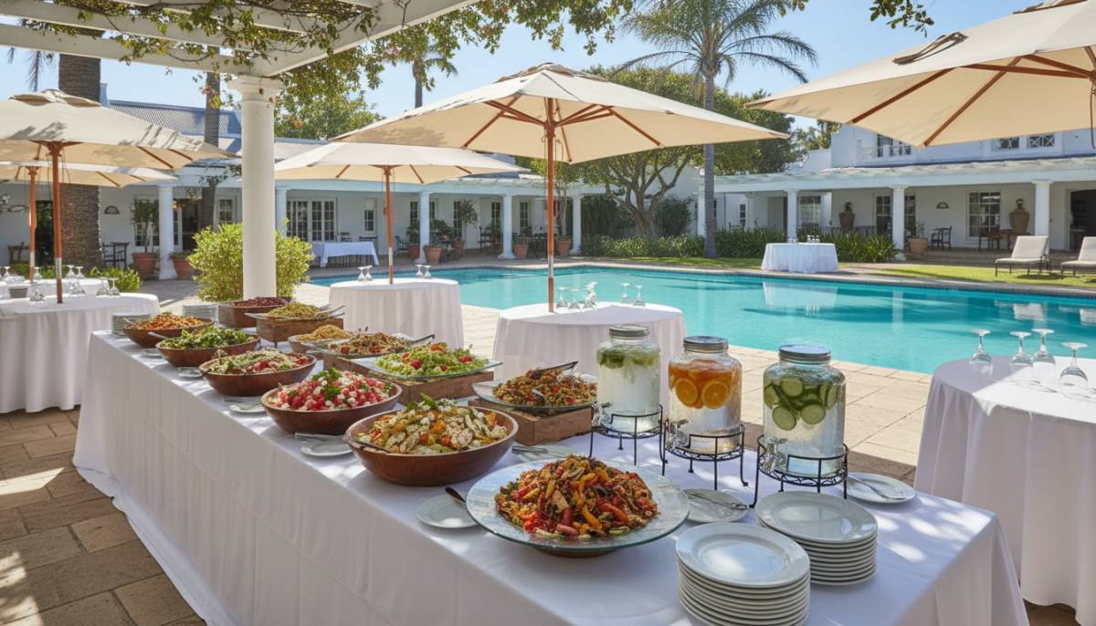 Poolside clubhouse salad buffet with shaded tables