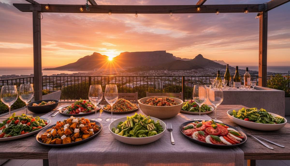 Rooftop salad spread at sunset