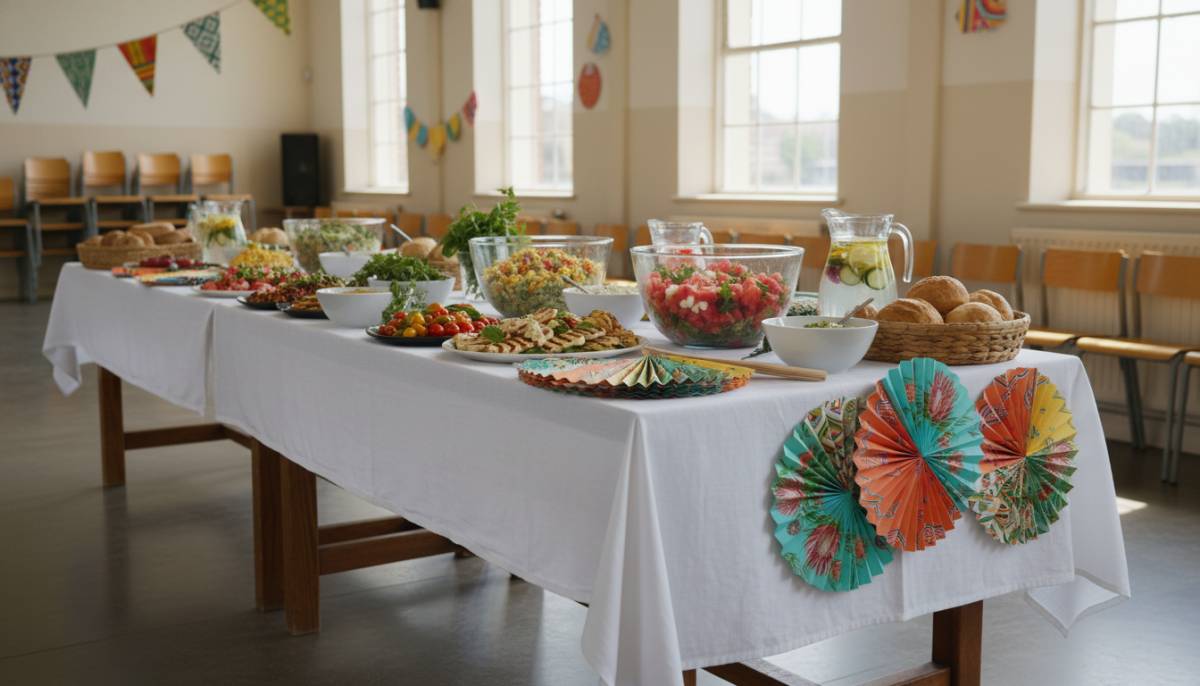 School hall salad table with paper fans