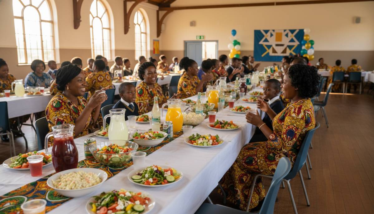 Family eating salads at a school hall lunch