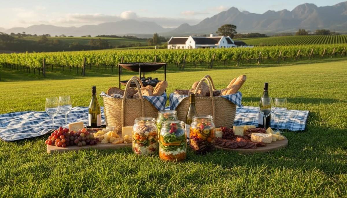 Picnic salad jars on a wine farm lawn
