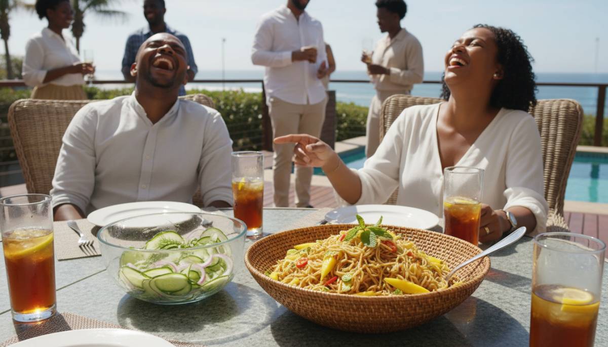 Guests enjoying a Durban patio lunch with summer salads