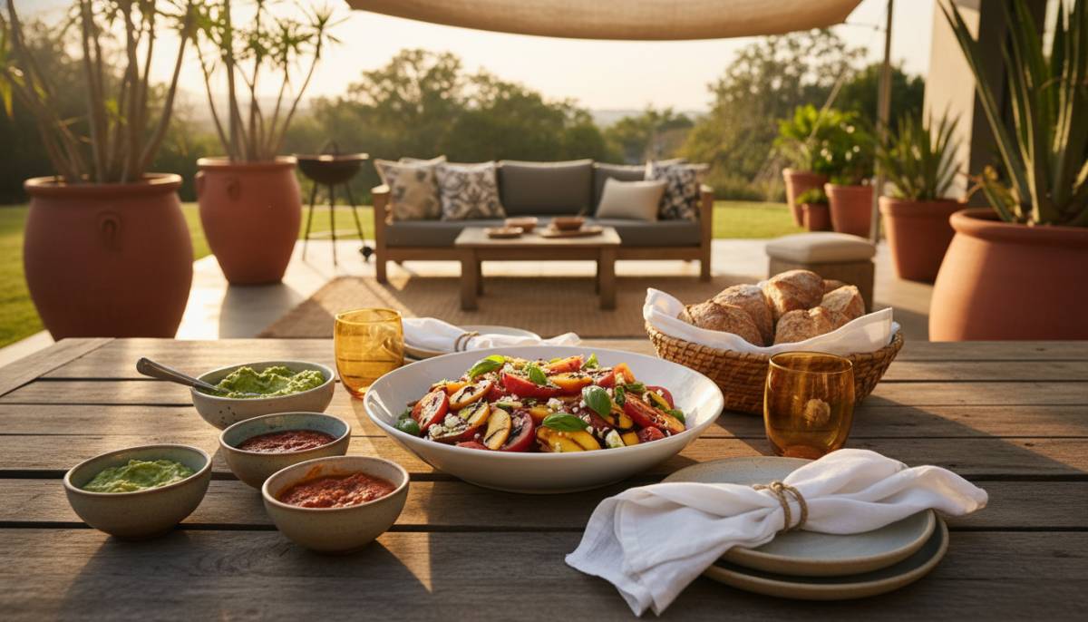Late lunch patio table with tomato and nectarine salad
