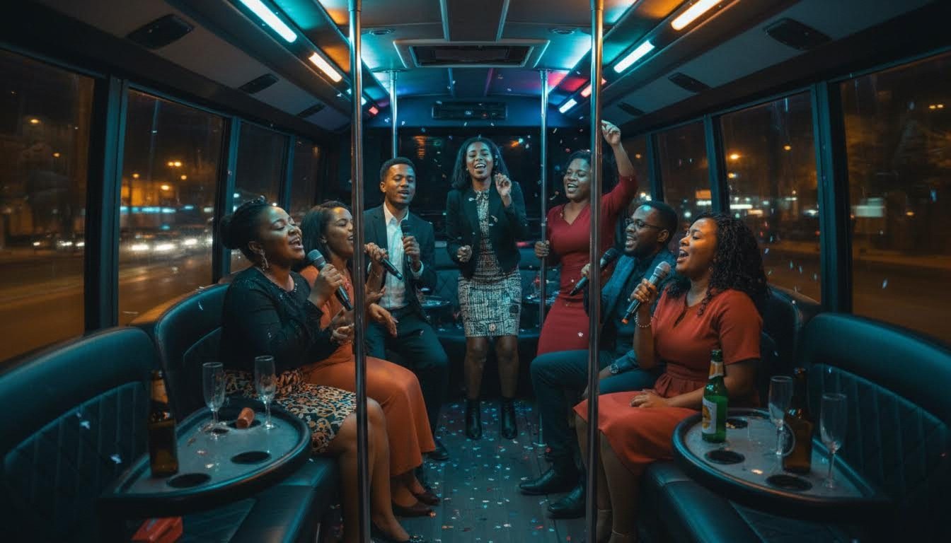 Guests celebrating inside a party bus in Johannesburg