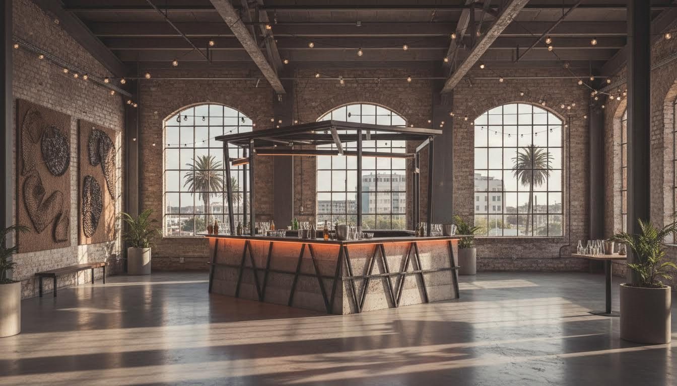 Empty industrial loft venue with a bar setup