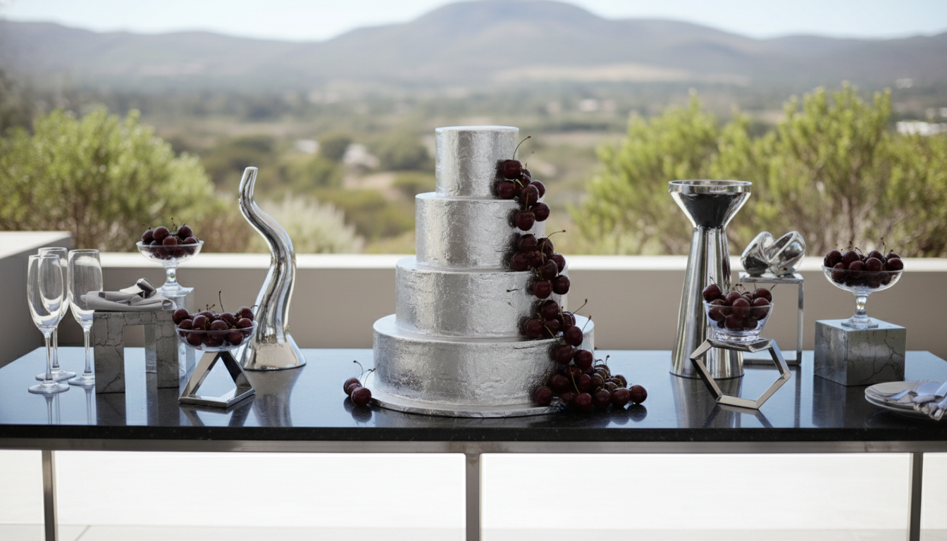 Minimal chrome dessert table for a 30th