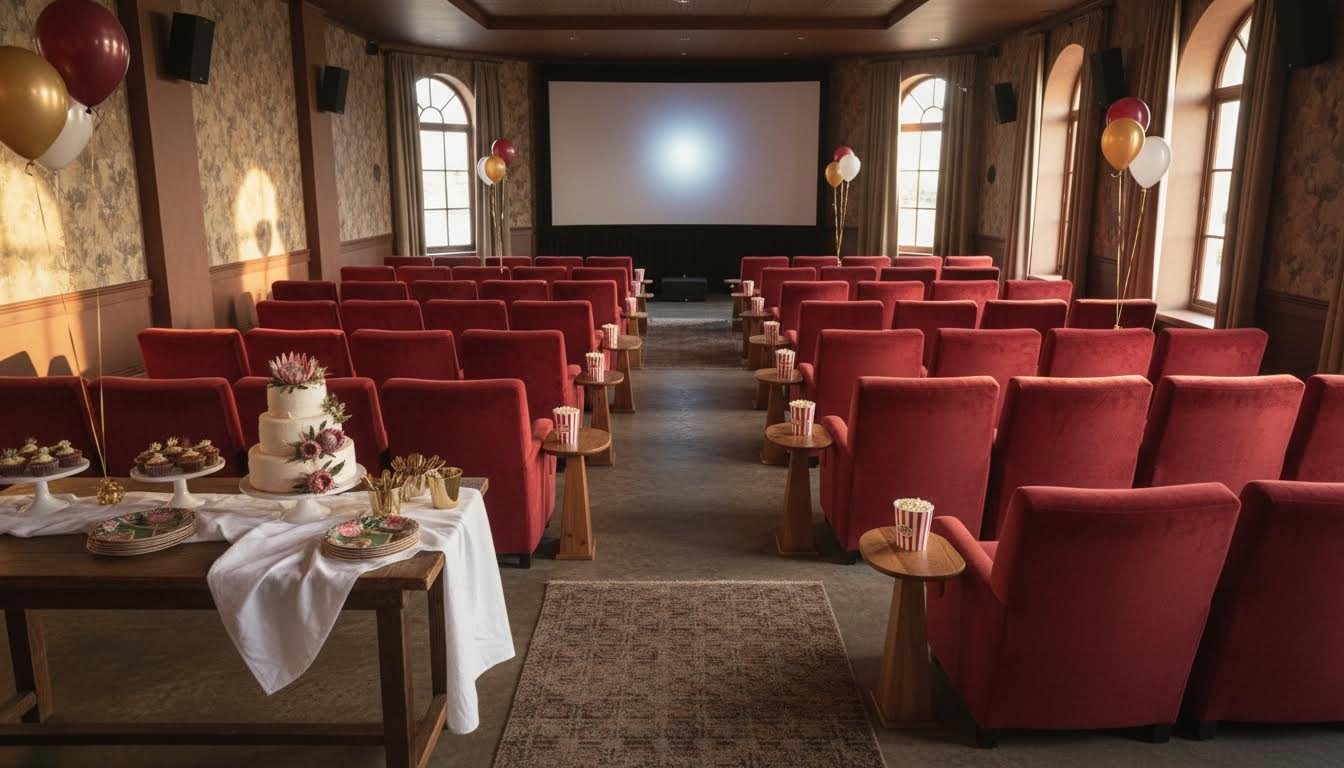 Private cinema birthday setup with popcorn and cake