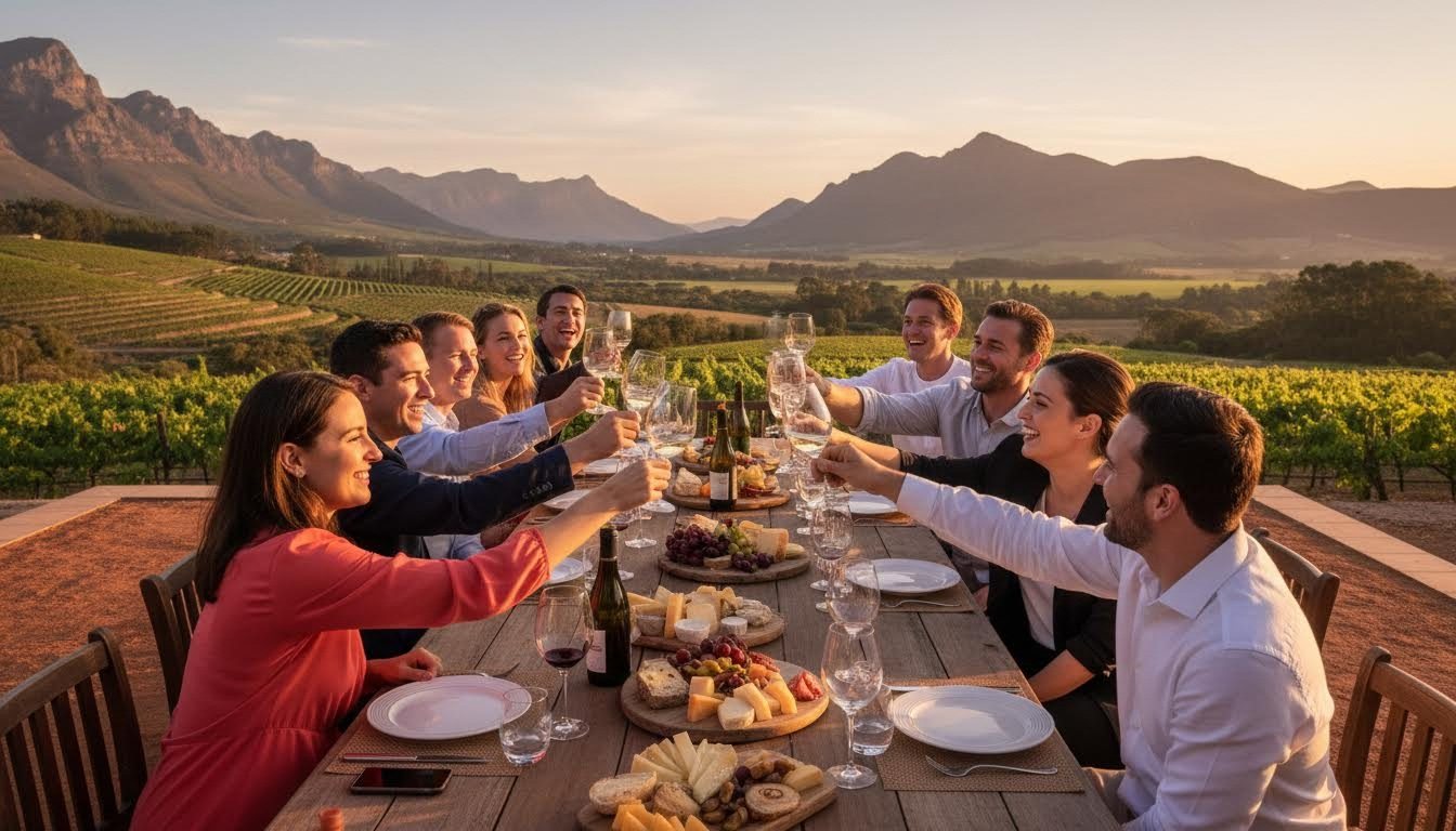 Guests celebrating a 30th on a wine farm terrace
