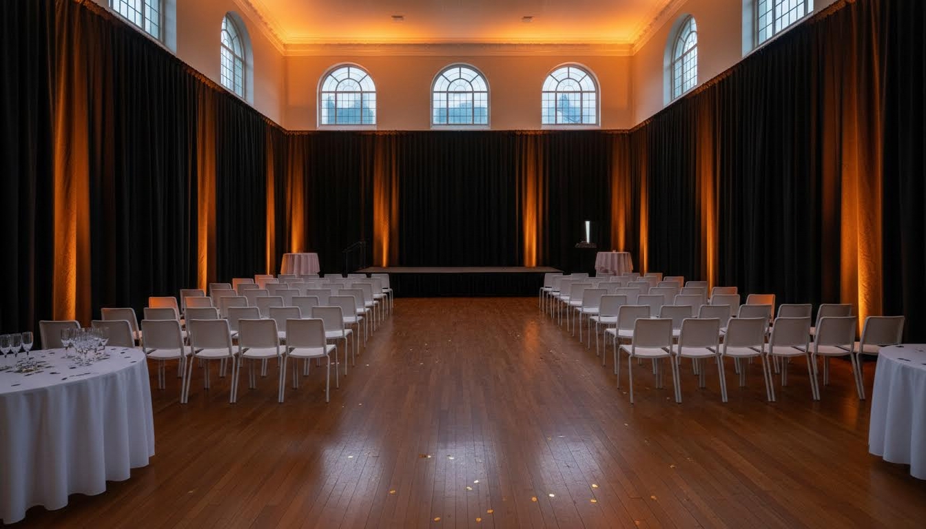 School hall dressed with black draping and warm lighting