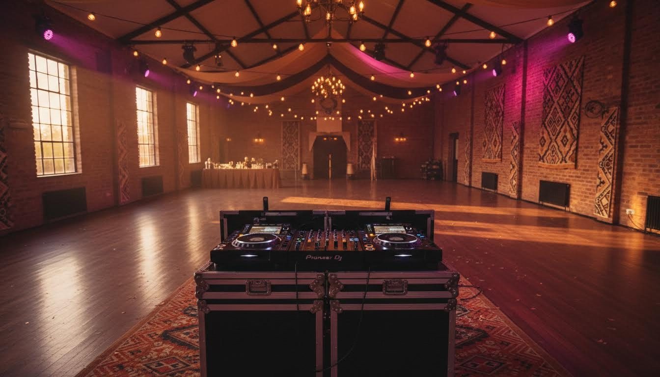 DJ setup with warm lighting in a hall