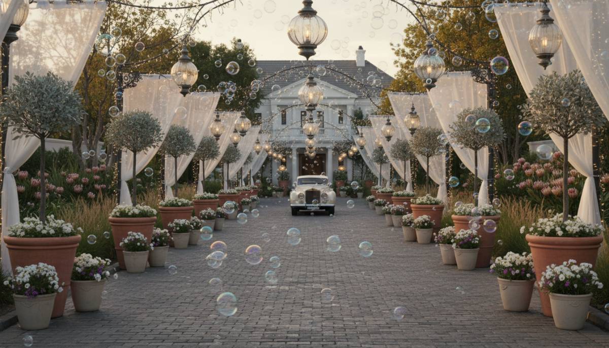 Fairytale driveway party setup with lanterns