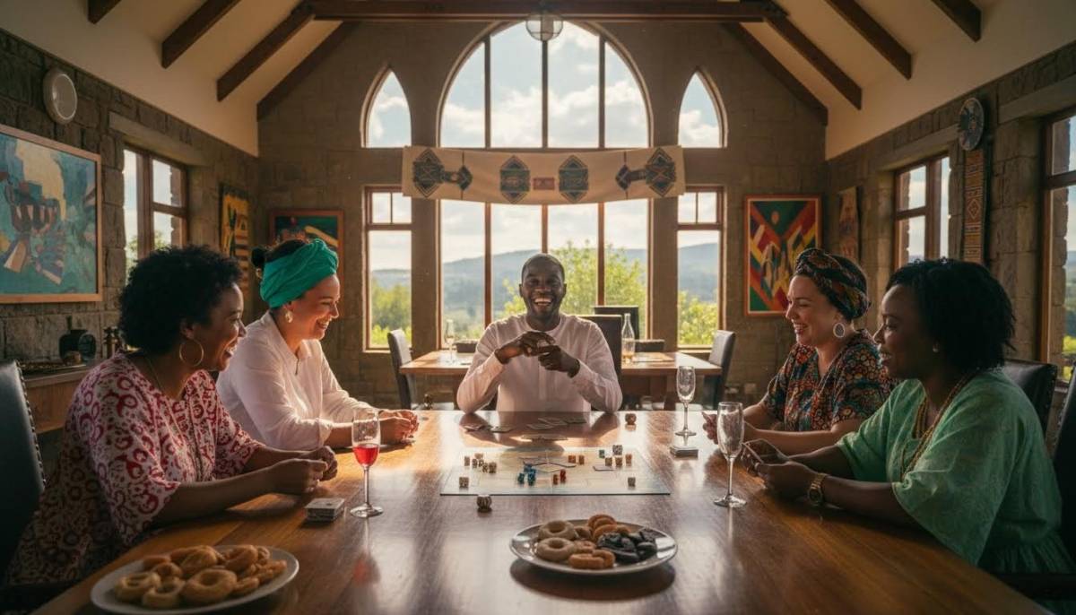 Guests playing board games at a clubhouse celebration