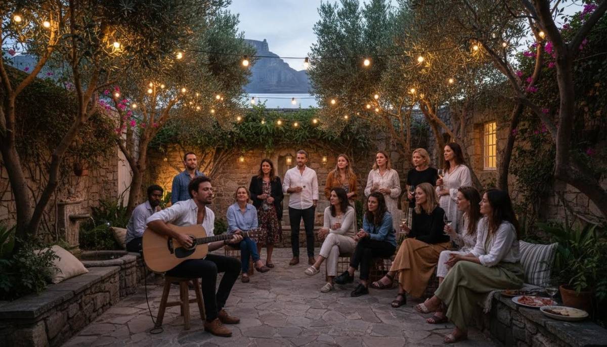 Acoustic guitarist playing for guests in a courtyard