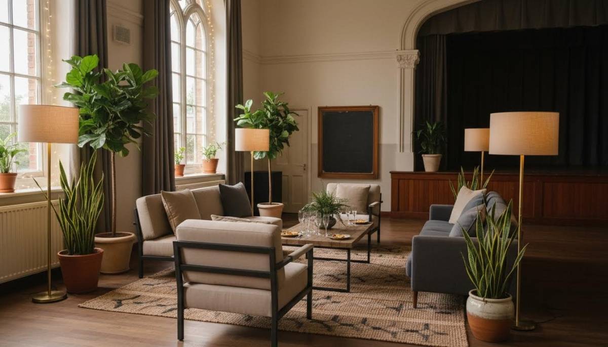Lounge furniture set up in a school hall corner