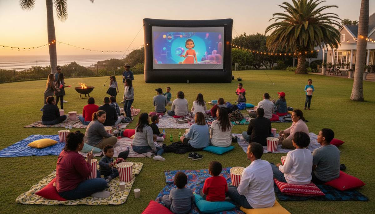 Family watching an outdoor movie on a lawn