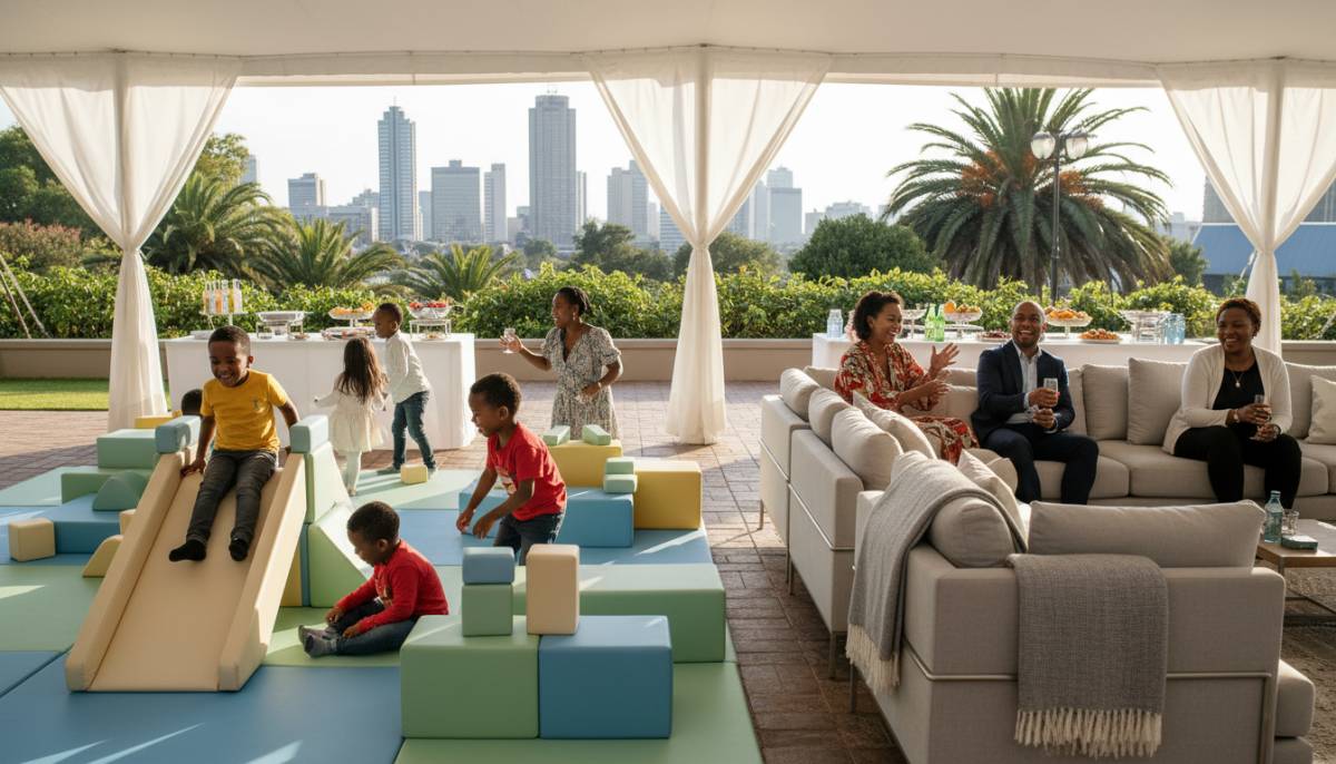 Kids playing near adult seating at a family celebration