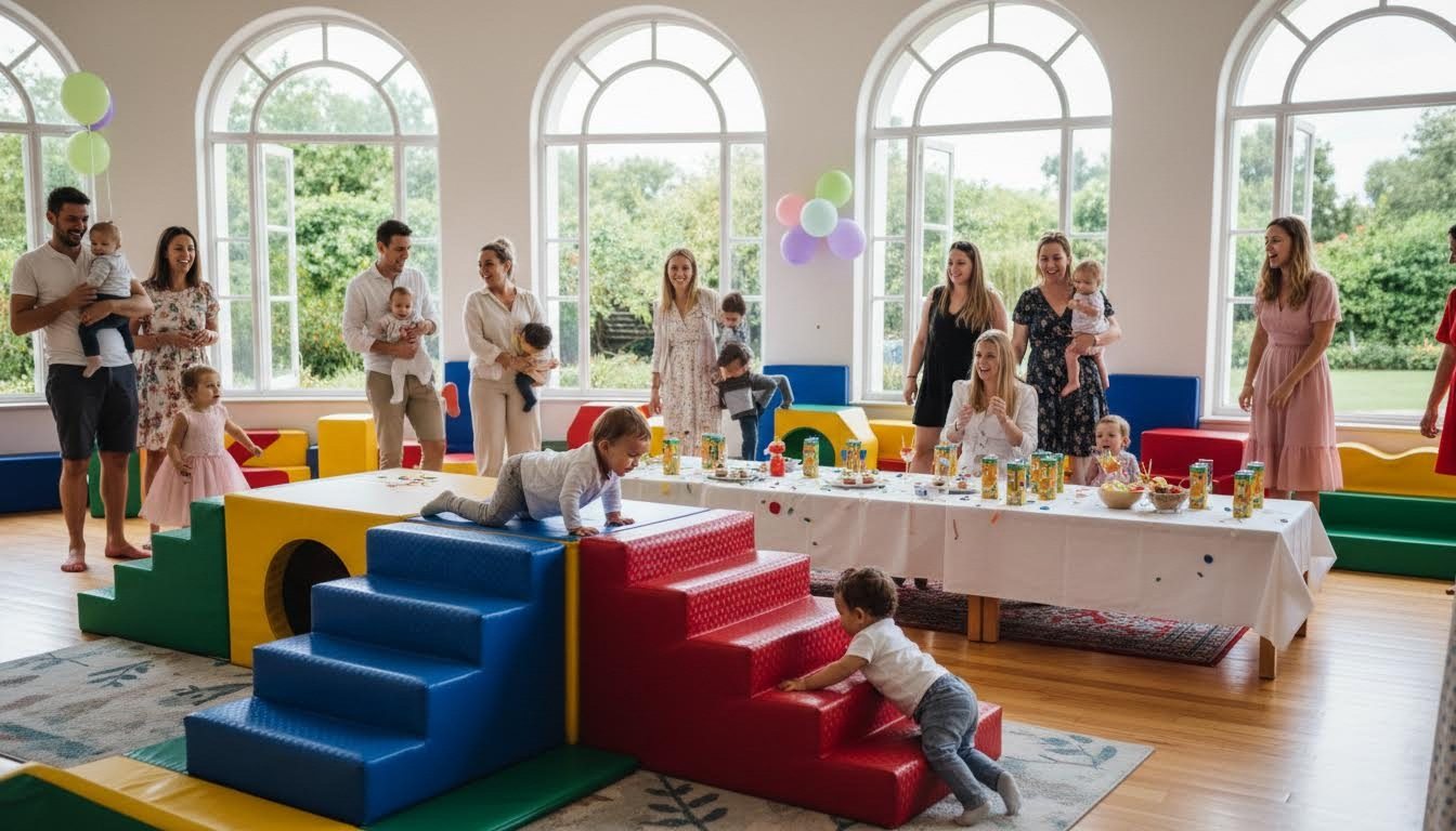 Children and parents inside an indoor toddler play venue