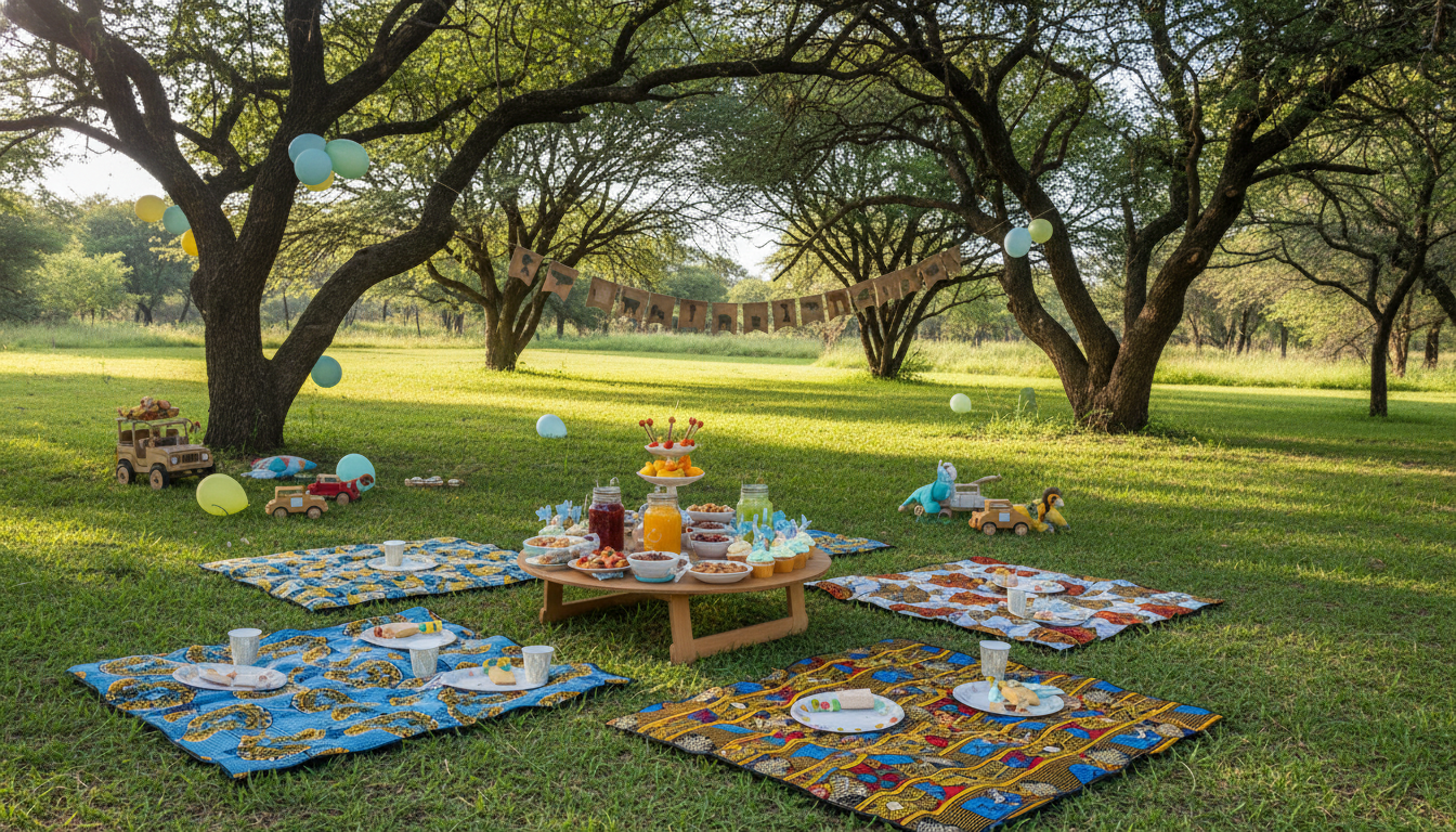 Garden toddler birthday setup under trees