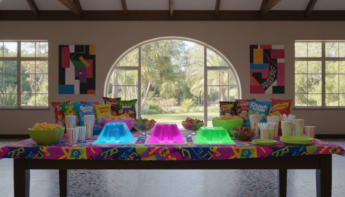 Retro snack table with bright 80s party food