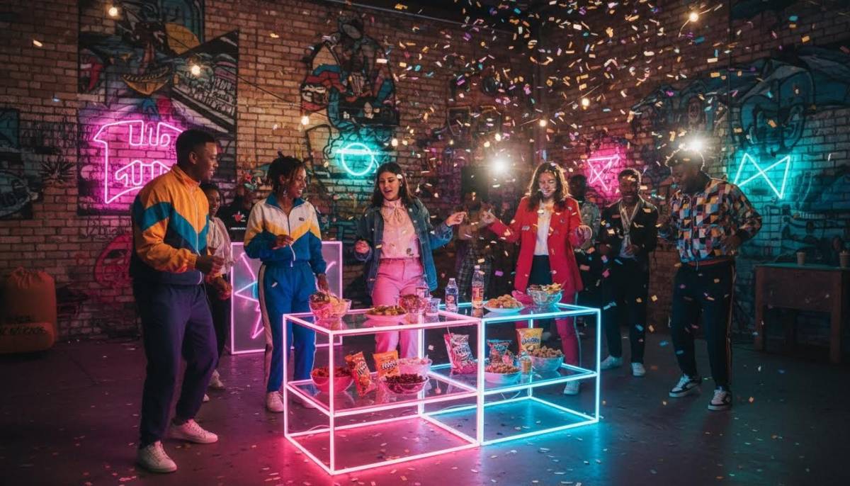 People dancing near a retro snack table